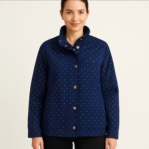 Chicos Blue Luxe Twill Polka Dot Utility Jacket Size 2P (Lg)